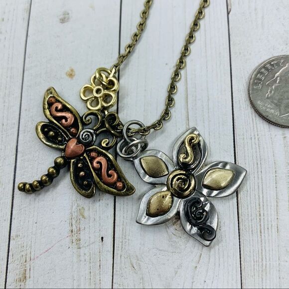 Mixed Metal Dragonfly Flower Charm Necklace - Picture 2 of 2